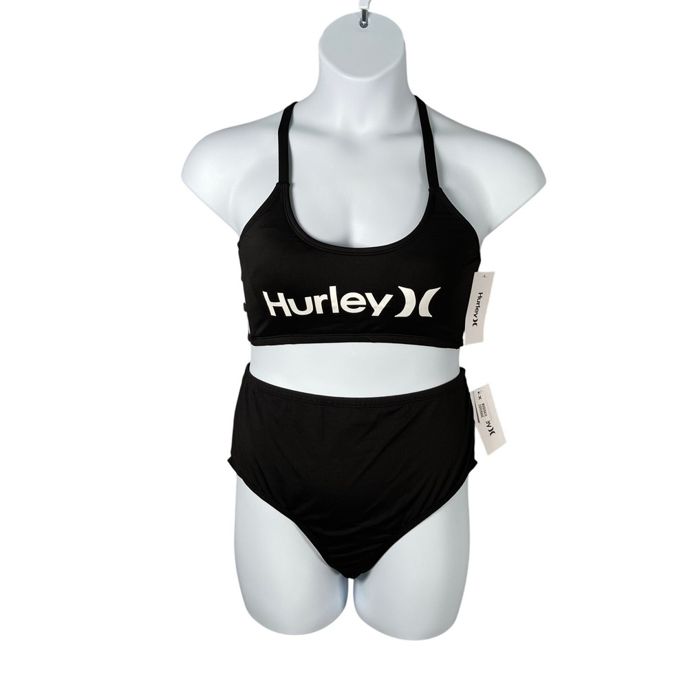 Hurley Bikini 3X Black White Logo Caged Strappy Sides Racerback High Waisted